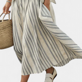 Cjelina Casual Daisy s Oversize Majicom i Midi Suknjom s Prugama od Lino Bambusa za Elegantni i Udoban Stil