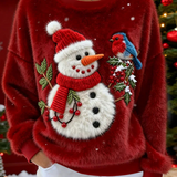 Ženski flanelasti hoodie s printom božićnog snjegovića i ptica