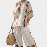 Sredozemni set Daisy od bambusovog lana s elegantnim crvenim i zelenim prugama