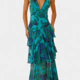 Valentina - Haljina od Chiffona s V-Izrezom i Lepršavim Rukavima